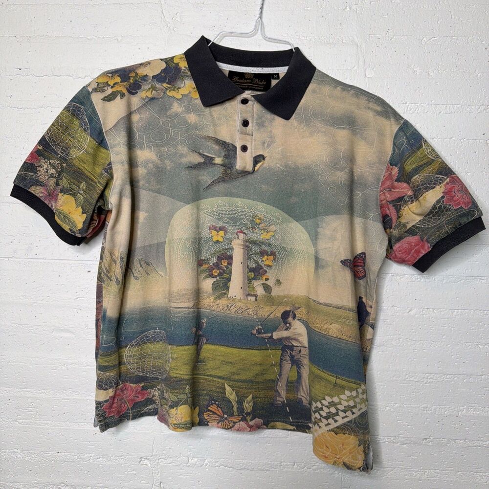 RARE Gresham Blake Bespoke Uniforms Polo M All Over Print Art Surrealist Golf